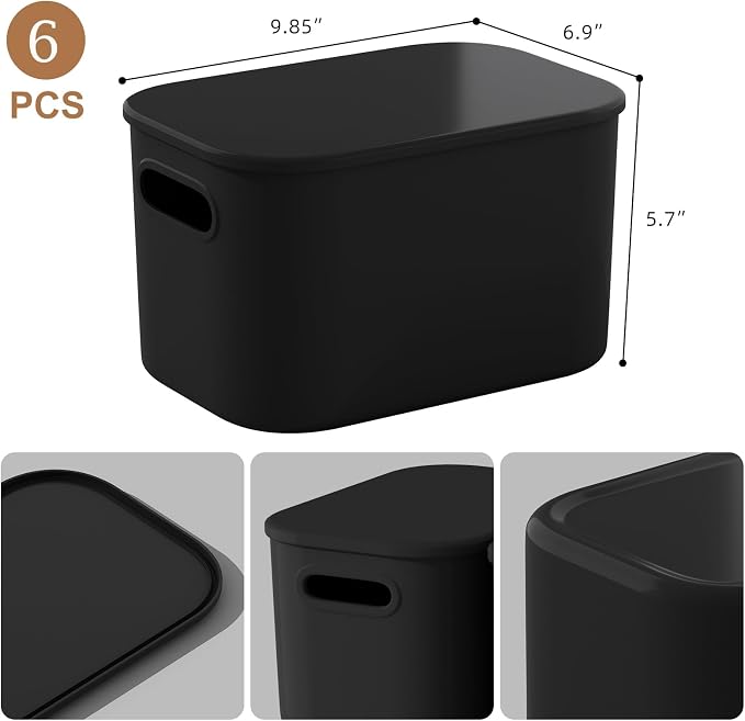 ORGIDOL 6 Pack Black Storage Bins with Lids Stackable Storage Container for Organizing, Black Storage Boxes with Handle for Shelves, Cute Organizer Bins for Craft, Snacks, 9.85x6.9x5.7 inch