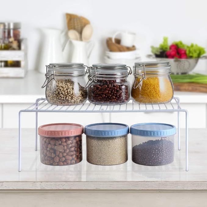 iPEGTOP Set of 4 Kitchen Cabinet Shelf Organizer, Medium (13 x 9.4 Inch) Bathroom Cabinet Organization Wire Shelf Rack, Rustproof Storage Space Saver Shelves for Countertops Pantries Utensils -White