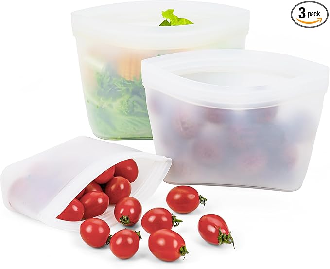 Silicone Bags for Food Storage, Reusable Zip Lock Silicone Food Storage Containers Stand Up Snack Bags, Freezer Microwave Oven Dishwasher Safe, Plastice BPA-Free 3 Pack(40oz 20oz 12oz)