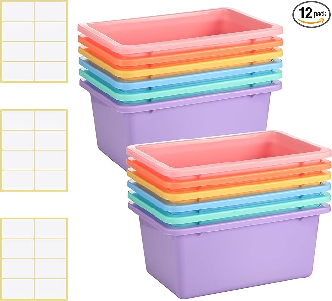 Zonon 12 Pcs Plastic Cubby Storage Bin Back to School Classroom Cubby Organization Storage Container with 1 Pack Self Adhesive Label for Office School Library(Macaron Color,11.61 x 7.68 x 4.92)