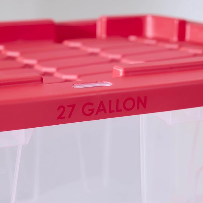 Pack of 4 Clear Storage Bins with Red Snap Lids, 27 Gallon Plastic Totes for Garage & Basement Organization, Stackable Storage Containers for Holiday Decor & Home Use