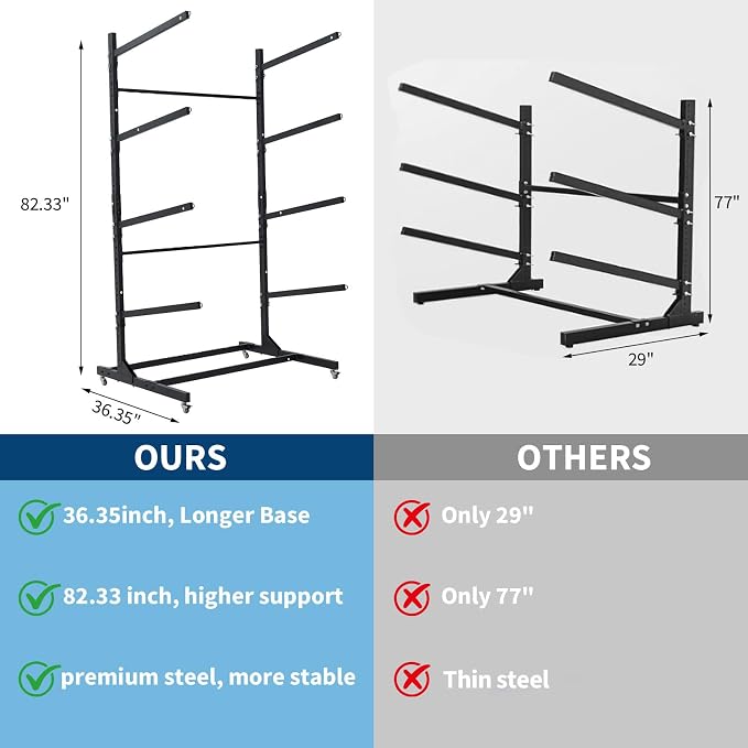 Freestanding Kayak Storage Rack with Wheels, Adjustable Kayak Racks for Garage and Outdoor, Heavy Duty Kayak Stands for Canoes, Kayaks, SUP and Surfboards