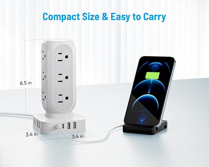 2 Prong Tower Power Strip, 2 to 3 Prong Outlet Adapter with 12 AC Outlets, 8 USB Ports, 10 FT Long Extension Cord for Non-Grounded Outlet, Home, Office, Dorm Room Use