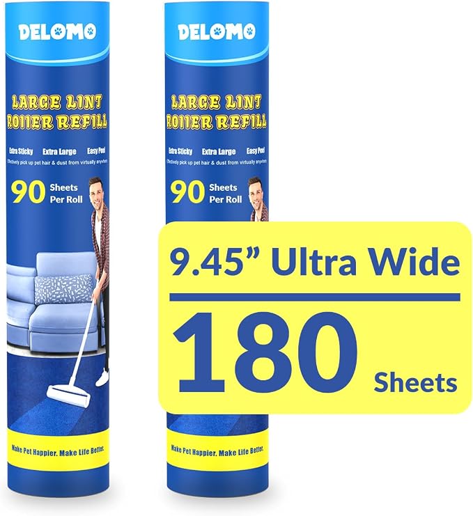 DELOMO 9.45” Large Lint Roller Refills, 2 Packs, 180 Extra Sticky Sheets | Sticky Roller Refills, Easy Tear Sheets, Compatible Only with DELOMO 9.45” Lint Roller, Floors, Carpets, Couches, Pet Hair