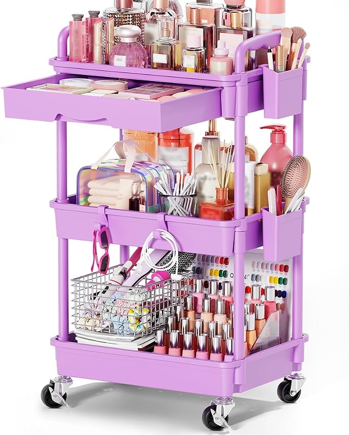 Goovilla Rolling Makeup Organizer Cart with Removable Drawer, 3 Tier Stable Purple Floor Skincare Storage Cart for Vanity, Cosmetic Display, Nail Polish, Perfume, Hair Stuff, Beauty, Bathroom(Plastic)