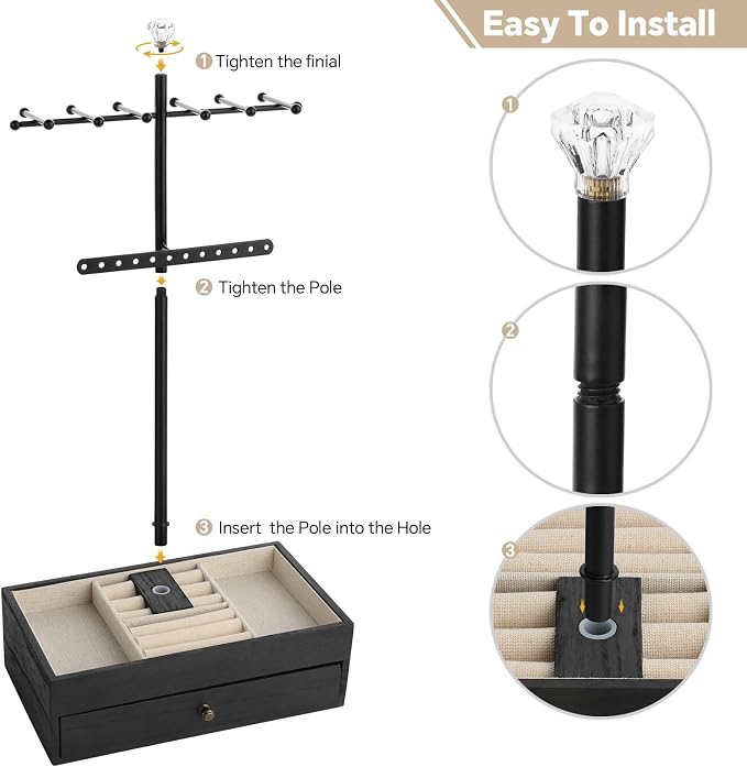 Meangood Jewelry Organizer Stand, 3-Tier Necklace Holder Jewelry Tree with Wooden Storage Drawer Box for Necklace Bracelet Earring Ring,Black