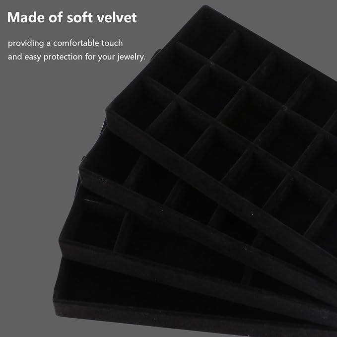 Stackable Jewelry Organizer Trays for Drawer, Set of 4 Velvet Jewelry Drawer Inserts in Dresser, 8in Storage Display Case for Rings Stud Necklaces Accessories(Black)