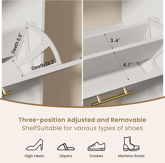 Shoe Cabinet Organizer with 3 Flip Drawers, Modern Narrow Shoe Cabinet with Metal Handles, Freestanding entryway Organizer with 2 Adjustable Shelves & 2 Hooks, for Foyer, Hallway, White