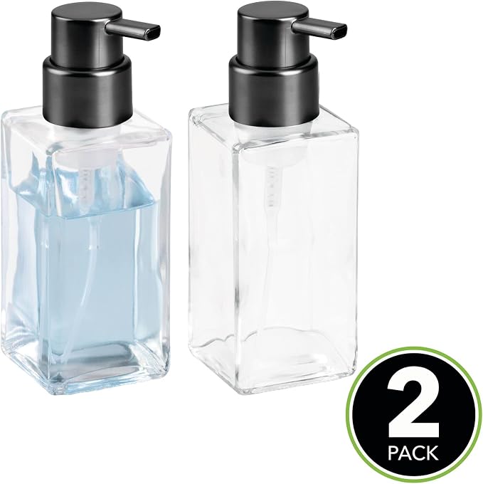 mDesign Glass Refillable Foaming Hand Soap Dispenser Modern Square Pump Bottle for Bathroom Vanities or Kitchen Sink, Countertops - 2 Pack - Clear/Black
