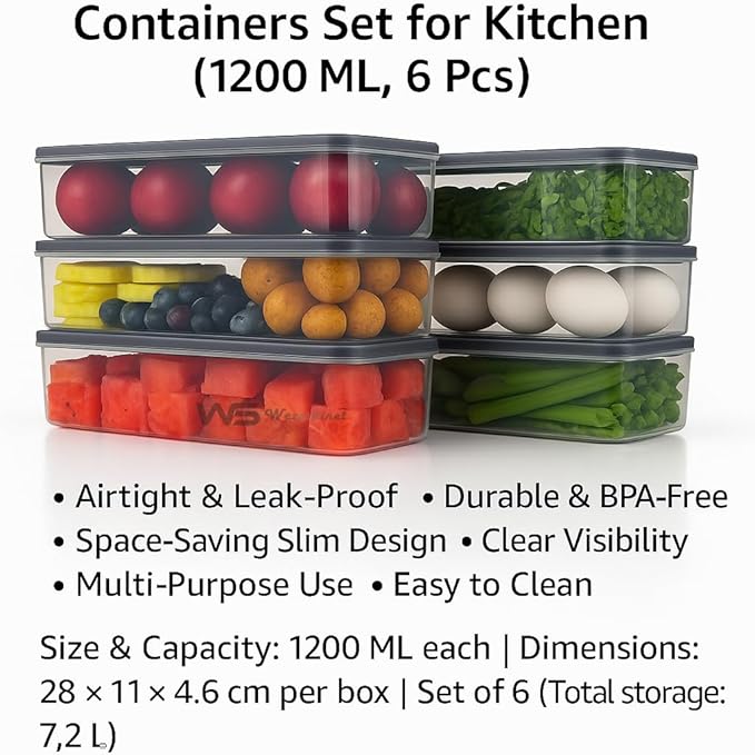 fridge storage containers - transparent storage box and plastic air tight kitchen boxes, stackable refrigerator vegetable container, polythene freezer pantry accessories (Pack of 6)