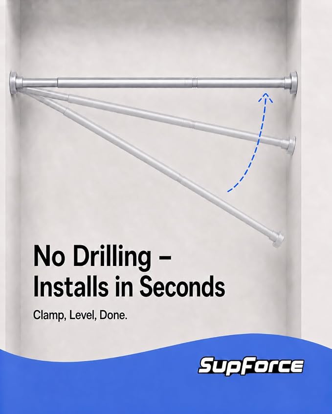 Closet Rod, No Drill Tension Closet Rod for Hanging Clothes, 17-54in,Silver | Quick Tool-Free Install, Non-Slip Rubber Ends Grip Securely, Heavy-Duty Rod Supports Up To 66 lb In Closet, Laundry Rooms, RV