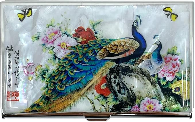 Mother of Pearl Business Card Case Credit Id Name Holder Travel Wallet Art Painting Design Metal Stainless Steel Engraved Slim Purse Pocket Cash Money Wallet (Peacock)