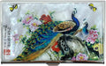 Mother of Pearl Business Card Case Credit Id Name Holder Travel Wallet Art Painting Design Metal Stainless Steel Engraved Slim Purse Pocket Cash Money Wallet (Peacock)