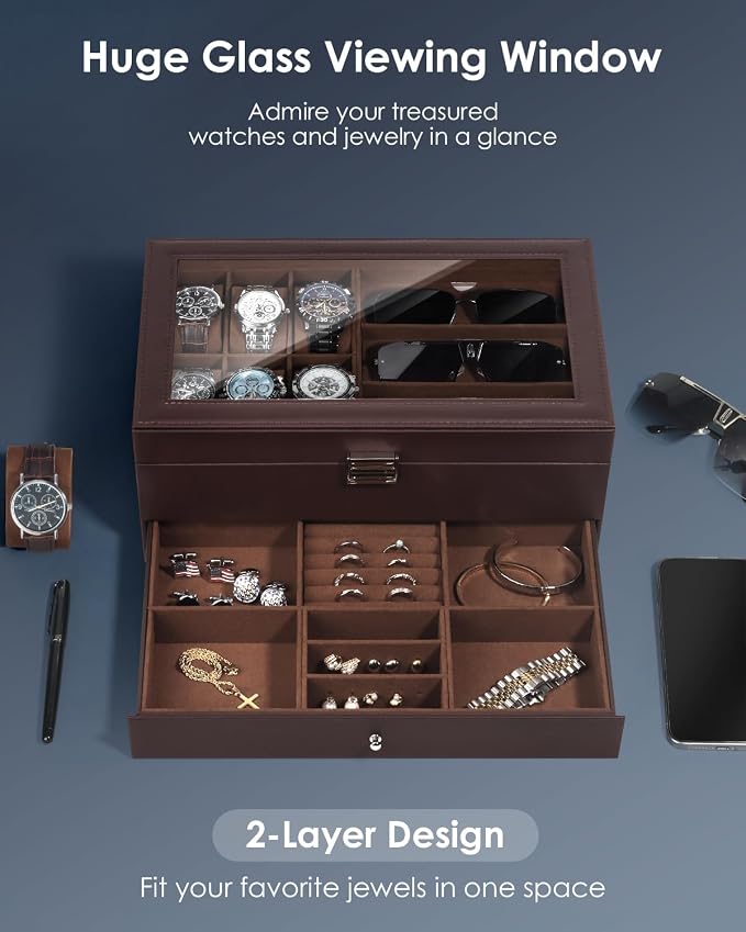 Kukikan Watch Jewelry Box Organizer, 6-Slot 2-Layer Watch Case and Sunglasses Storage with Large Glass Lid, Men's Jewelry Box with Lock, Watch Holder Display Case, Fathers Day Gift for Dad