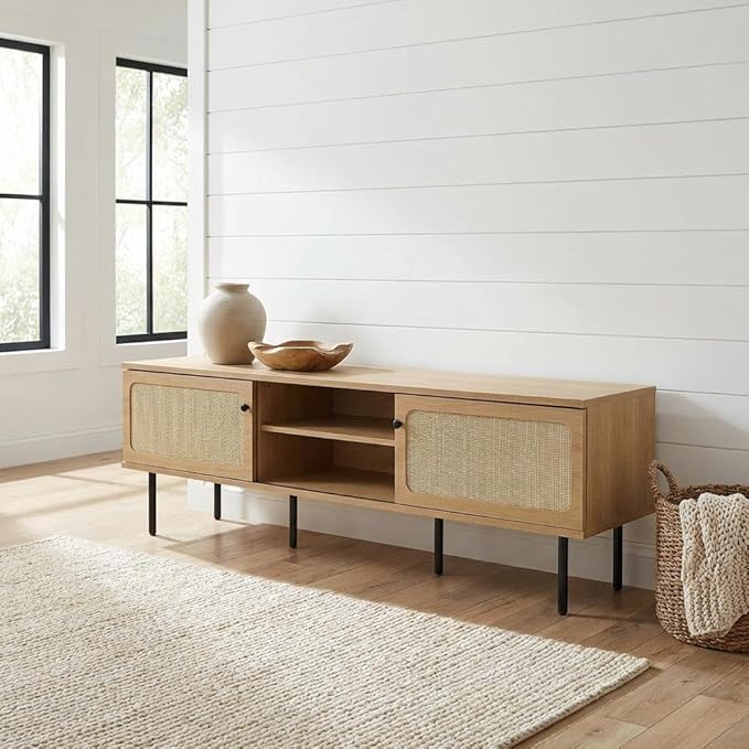 Furnifact White Wood TV Stand, Contemporary Living Room Media Console with Ample Storage Space, Sturdy Construction and Clean Modern Design