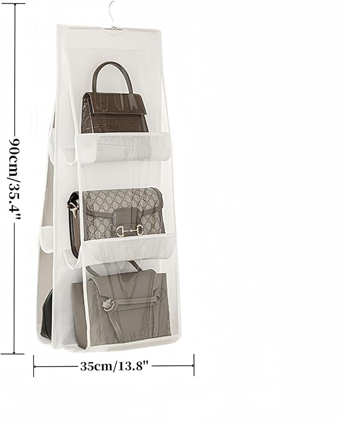 HAN SHENG 6 Pockets Clear Handbag & Purse Organizer Hanging Bag Storage - Space Saving Hanging Shelf for Closet, Wardrobe, Over Door (2 Pack, White)