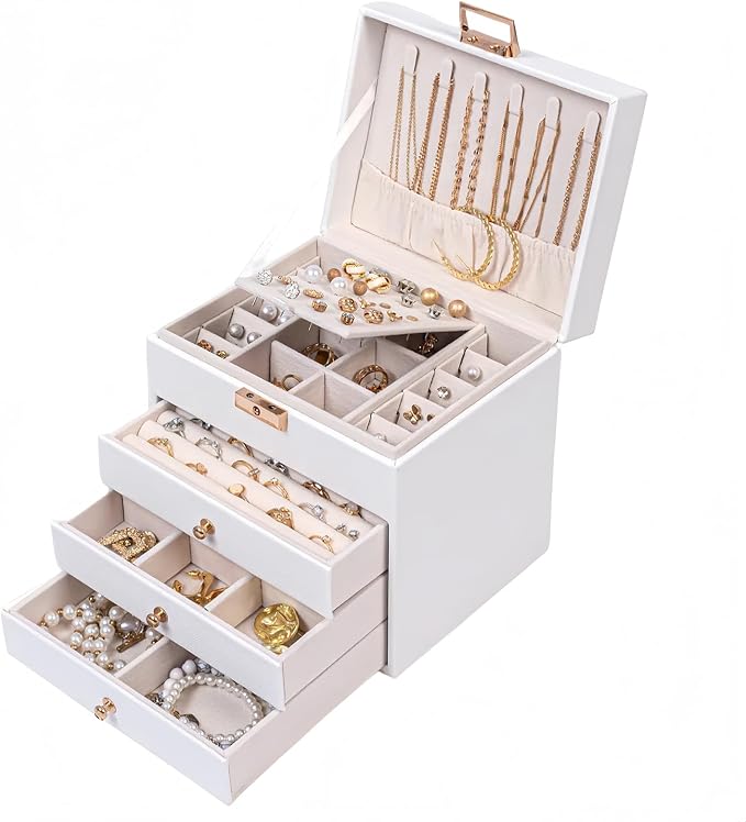 Leather Jewelry Box with Lock for Women, 4-Tier 3-Drawer Large Capacity Organizer, Vanity Storage Case for Earrings Rings Necklaces, Elegant Gift for Her (White, 9" L x 6.7" W x 7" H)