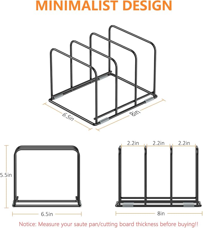 KORRTFID Kitchen Cabinet Organizer - Steel Cookware Rack, Divided Holder with 3 Slots for Skillets, Baking Tray and Chopping Board - Pan Storage (2.2 Inch Width Slots)