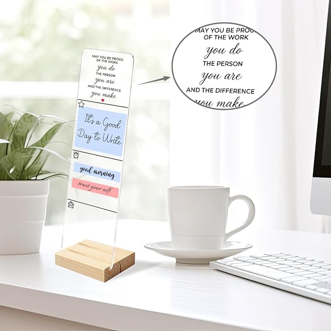 Sticky Note Holder, Monitor Memo Board, Sticky Note Board for Desk, Acrylic Desk Buddy with Wooden Base, Includes 200 Notes, Inspirational “May You Be Proud”