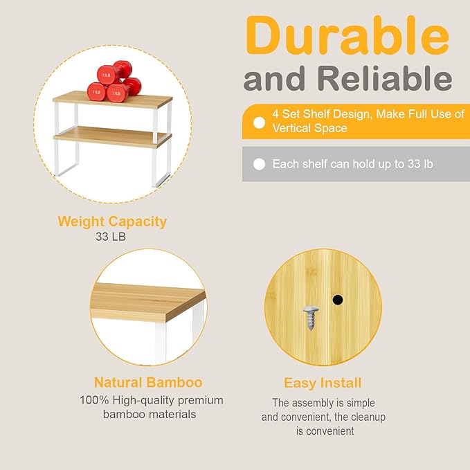 OGEMXU Cabinet Shelf Organizers, 15.7 inches Large Kitchen Counter Shelf, Set of 4 Wood Kitchen Pantry Organizer, Storage Shelves for Countertop, Spice Rack, Stackable, Expandable, Metal White, Nature