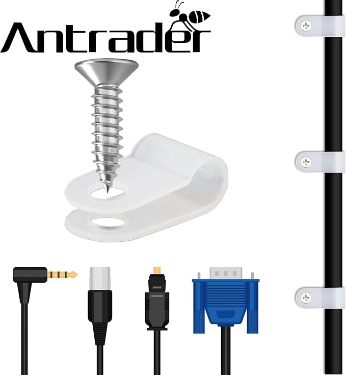 Antrader R-Type Cable Clamp 1/4 Inch White Nylon Cable Organizer Clips | Plastic Cable Clips for Wire Management Pack of 200 with Screws,Insulated Material Protect Cables