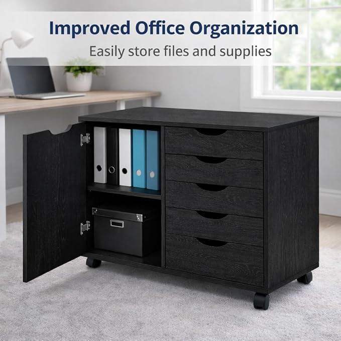 Naomi Home Wooden 5 Drawer Office File Cabinet with Shelves and Wheels, Mobile Storage Cabinet with Drawers for Home Office, Ideal for Under Desk or Printer Stand Use in Distressed Black