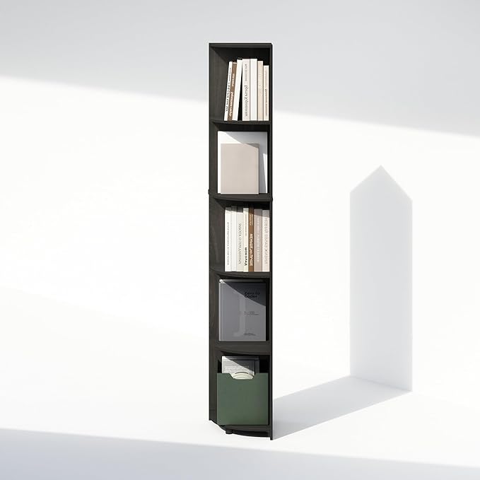 Furinno Basic Book Shelf, 5-Tier Bookshelf, Bookcase with Multipurpose Corner Shelf, 12 x 12 x 70.8, for Living Room, Bedroom, Home Office, Espresso