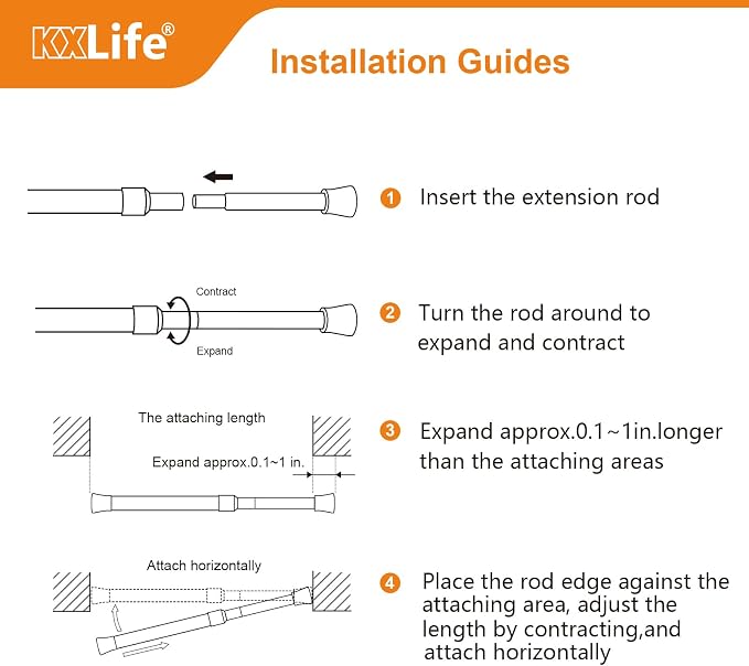 KXLife 4 Pcs Tension Curtain Rod 35 to 46 Inches, 5/8" Diameter Spring Curtain Rods, Black, Adjustable Expandable Pressure Window Tension Rod No Drill