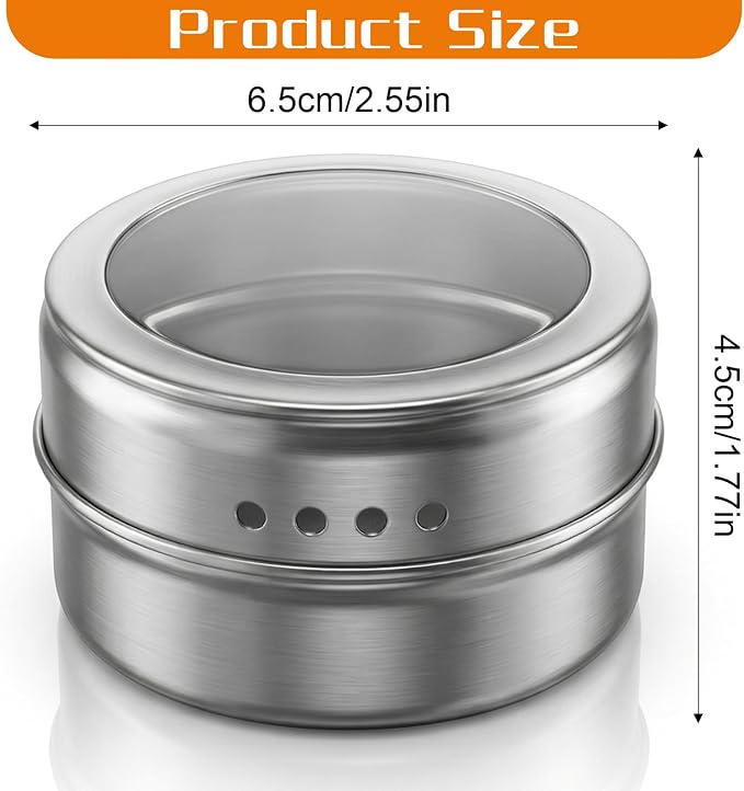 Magnetic Spice Rack with 2 Metal Plates & 8 Magnetic Spice Jars - Stainless Steel Seasoning Tins with Clear Lid & Double-Sided Stickers for Kitchen Refrigerator Organization