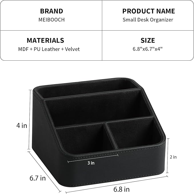 PU Leather Remote Control Holder, Nightstand Organizer with 4 Compartments | Luxury Desk Caddy with Velvet Lining, Small Desk Organizer for Living Room, Bedroom, Bedside, End Table, 6.8" x 6.7" x 4"