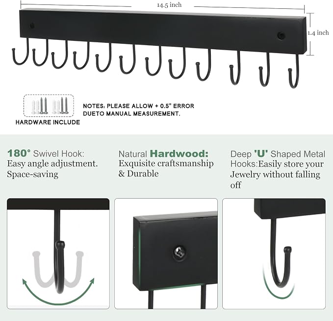 2 Pack Purse Organizer Wall Mount with 24 Rotating 180° Coat Rack, 14.6" Wooden Entryway Purse Holder, Wall Hooks for Hanging Belts, Ties, Keys, Scarf, Bras, Bag, Space Saving Hanger (Black)