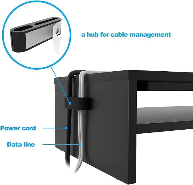 BONTEC Wood Monitor Stand Riser, 2-Tier Desktop Organizer with Storage, Ergonomic Computer Stand for Desk, Cable Management, Cellphone Holder, 21.3 Inch Shelf, Black
