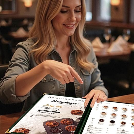 Goodsmart Restaurant Menu Covers – 25 Pack Green 10-View 8.5" x 14" Cafe Menu Holders, Side-Loading Vinyl Covers with Clear Sleeves, Plastic & Leather-Style Menu Covers with Gold Corners