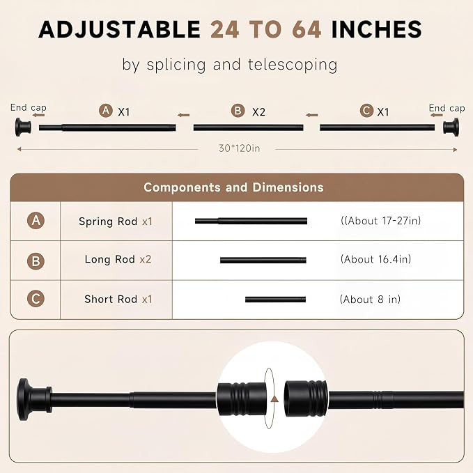 BRIOFOX Black Tension Curtain Rod 24 to 64 Inch(2-5.3ft) - Spring Tension Shower Curtain Rod, No Drilling Tension Rod for Curtains Windows Closet Kitchen