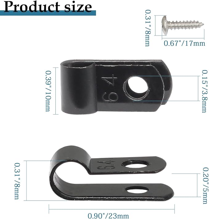 100 Pcs 1/4 Inch Black Nylon Screw Mounting R-type Cable Clip | 6.4mm, Wire Management, Stainless Steel Screws Included