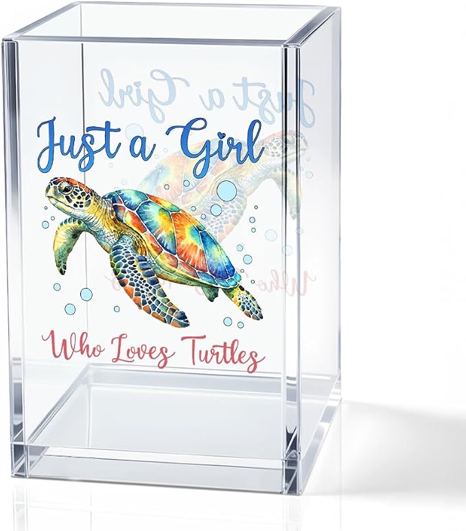 Just A Girl Who Loves Turtles Acrylic Pencil Holder Cup, Inspirational Gifts for Friends Coworker, Funny Sea Turtle Pen Holder for Women Girls Turtle Lover, Pencil Cup for Desk, Makeup Organizer