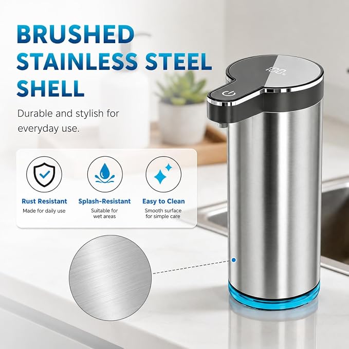 Automatic Foaming Soap Dispenser, Touchless Rechargeable Soap Dispenser for Kitchen & Bathroom, Stainless Steel, 4 Adjustable Foam Levels, USB-C, Waterproof, 12oz/350ml