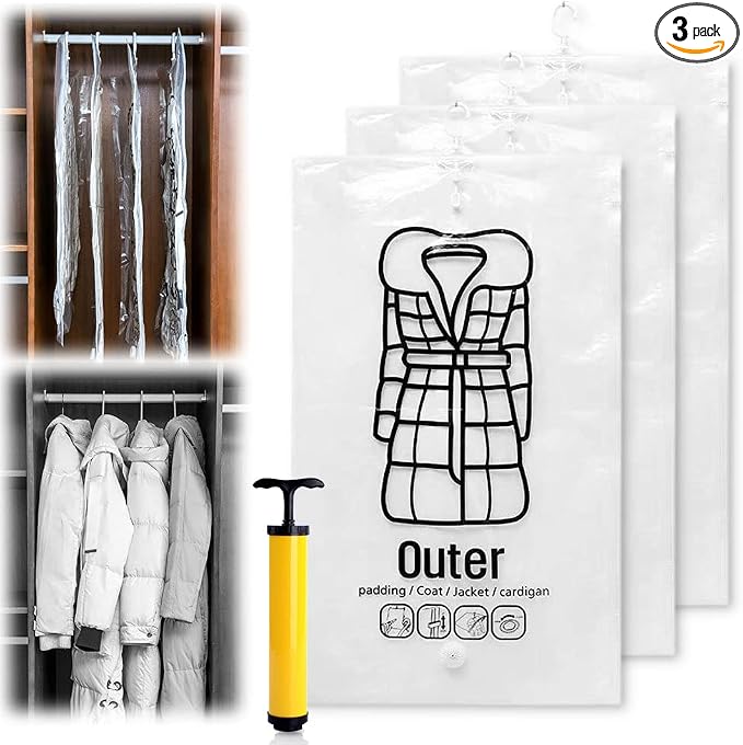 Hanging Vacuum Storage Bags, 2023 New Reusable Hanging Compressible Storage Bag Space Saver Bags with Hand Pumps, Upgrade Clothes Vacuum Seal Storage Bag for Suits Dress Jackets (Large, 3Pcs)