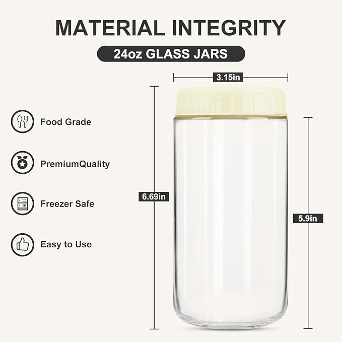 SHOWIN Overnight Oats Containers with Lids, 24oz Glass Jars with Lids 4 pcs, Milk White, Wide Mouth Mason jars for Salad, Yogurt, Snacks, Meal Prep