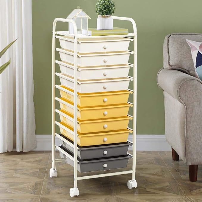LDAILY 10-Drawer Rolling Storage Cart, Rolling Storage Cart, Storage Organizer on Wheels, Metal Frame, Scrapbook Paper Tools, Suitable for Office School, Classroom (Yellow, 10 Drawer)