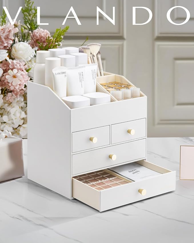 VLANDO Makeup Organizer,Vanity Organizer with Drawers, PU Leather Skincare Organizer Perfume Organizer,Large Cosmetic Display Case for Lipstick,Brushes Gifts for Women, White, 4 Layer