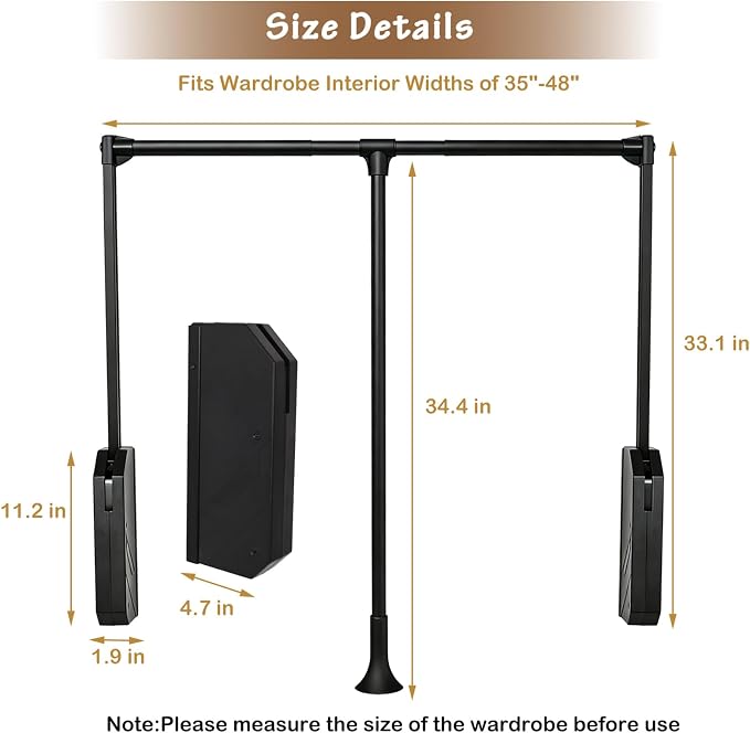 Black 35"-48" Pull Down Closet Rod Stainless Steel 60lbs Load Capacity | Heavy Duty Adjustable Hanging Closet Rod,Side & Back Mounted Black Pneumatic Closet Valet Rod for Wardrobe