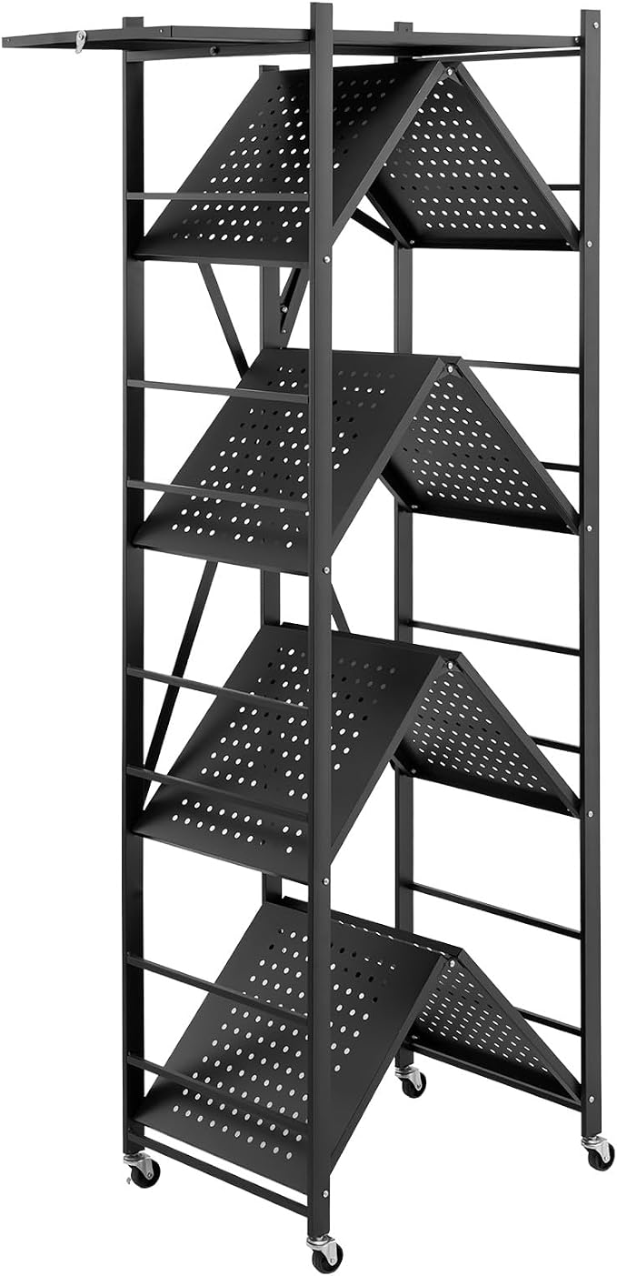 VEVOR 5-Tier Foldable Storage Shelf, 28W x 15D x 64H Inch Folding Metal Rack Shelving Unit, No Assembly Organizer Shelf with 5 Wheels & 4 Hooks for Pantry, Kitchen, Garage, Basement, Black