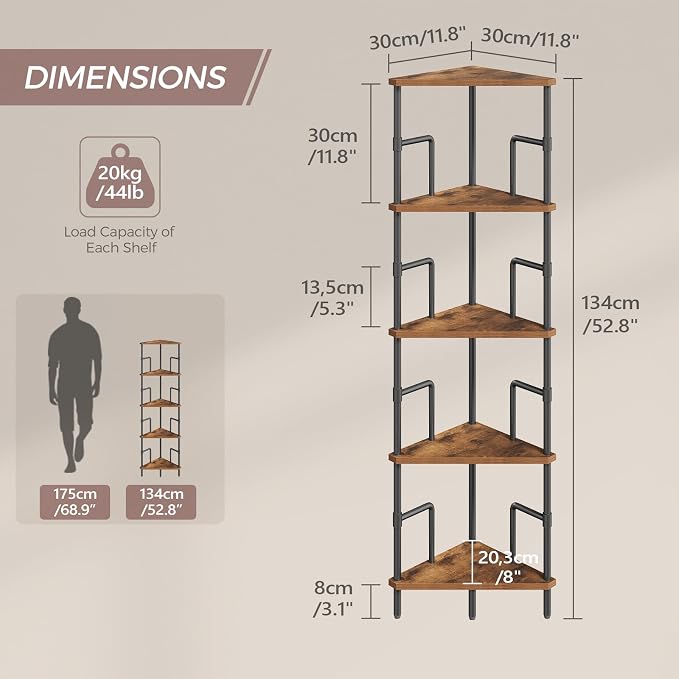 MAHANCRIS 5-Tier Corner Shelf, 52.8" Tall Corner Bookshelf with Metal Frame, Narrow Display Shelf Stand, Industrial Corner Bookcase for Living Room, Bedroom, Home Office, Rustic Brown CSHR5501