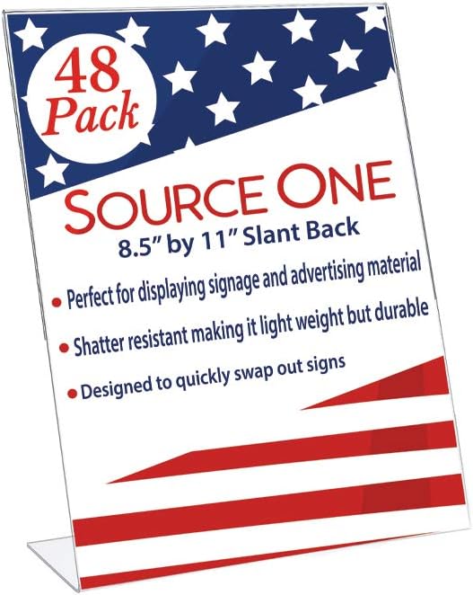 SOURCEONE.ORG Best Value 8.5 X 11 Inches Thick Acrylic Slant Back Sign Holder Ad Frame Picture Frame, Clear Acrylic Perfect for Trade Shows, Museums, Retail Stores (48 Pack)