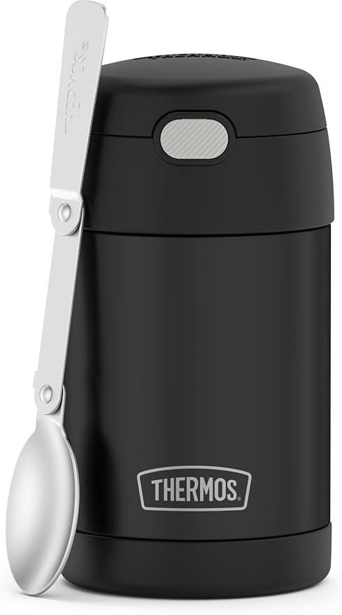 THERMOS FUNTAINER Insulated Stainless Steel Food Jar, 16 Ounce, Kids Lunch with Foldable Spoon, Push-Button Lid, Matte Black