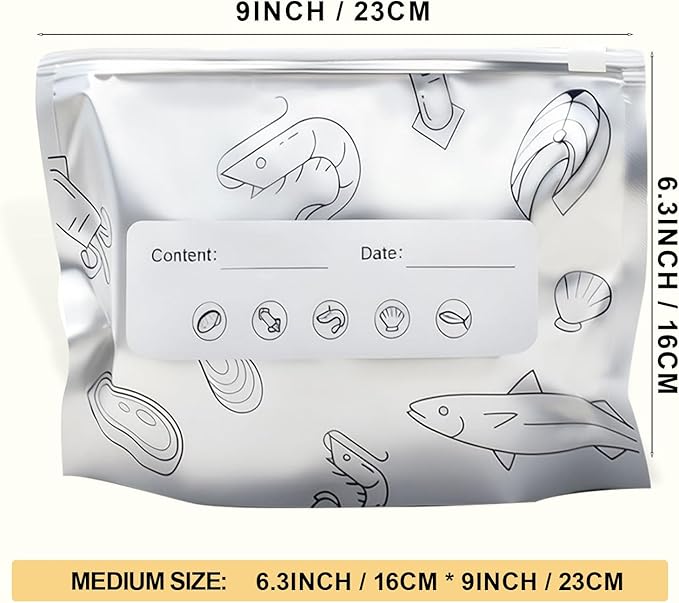Aluminum Foil Food Storage Bags, Reusable Freezer Bags for Refrigerator, Stand Up Airtight Vacuum Sealer Bags, Heavy Duty Smell Proof Lock Freshness, Perfect for Meat, Vegetables (30, Medium)