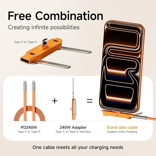 NKV 240w Stand Data Cable Invisible Foldable Holder Charger Cable | 5 FT USB C to USB C Fast Charging Cable for Smartphones, Laptops, Tablets (Orange, Data Cable Set) ﻿