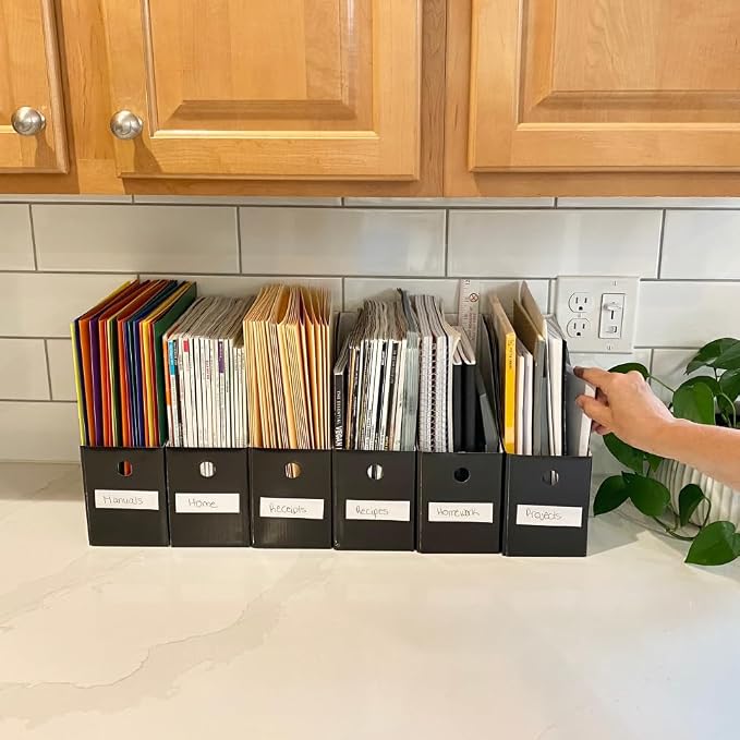 Evelots Magazine File Holder - Set of 12 Black - Office Desk Organizer - Sturdy Cardboard - New Upgraded Double Front Panel for More Stability - Full 4 Inch Wide - Easy Assemble