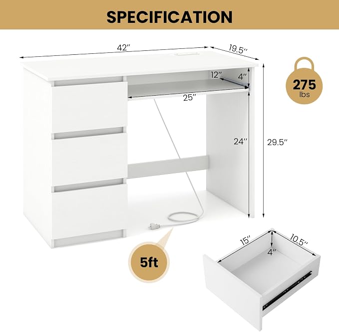 DREAMADE 42" Computer Desk with 3 Drawers and Keyboard Tray, White | Wood Study Desk with Storage, Built-in Charging Station & Slide Out Tray, Writing Table for Home Office Studyroom & Bedroom